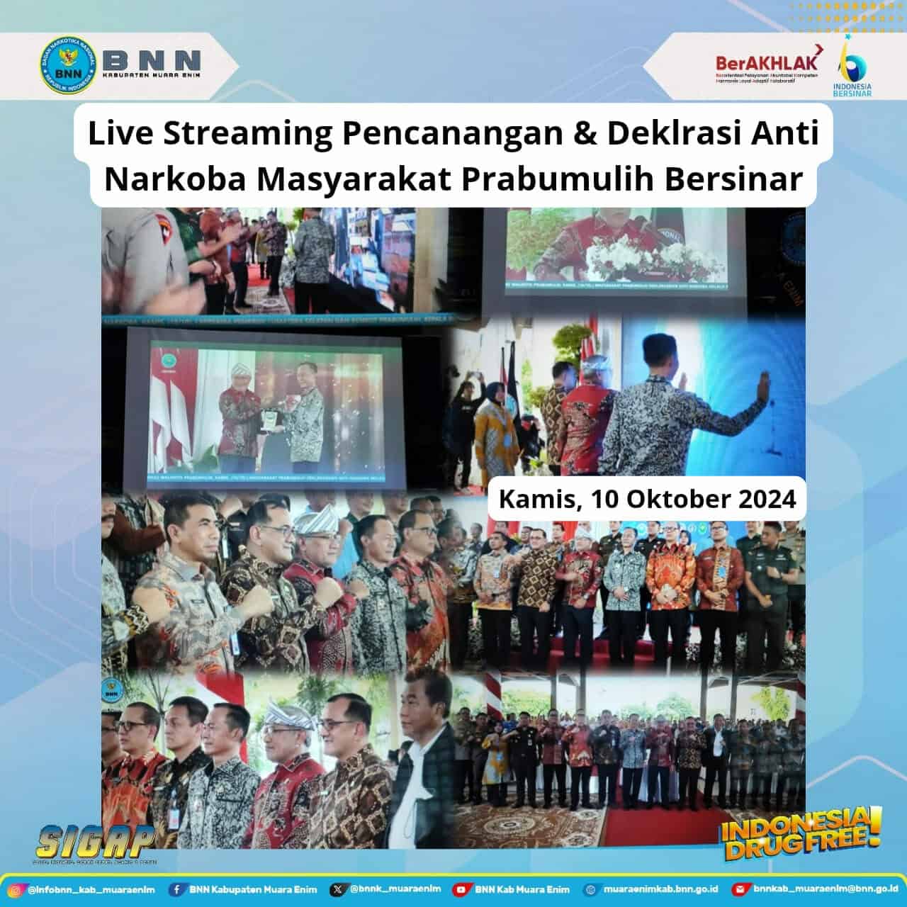 BNNK Muara Enim ikuti Live Streaming Pencanangan dan Deklarasi Anti Narkoba Masyarakat Prabumulih Bersinar BNNK Muara Enim ikuti Live Streaming Pencanangan dan Deklarasi Anti Narkoba Masyarakat Prabumulih Bersinar